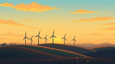 A charming illustration capturing a picturesque sunset behind a row of wind turbines gracefully placed on a hill.  This adora