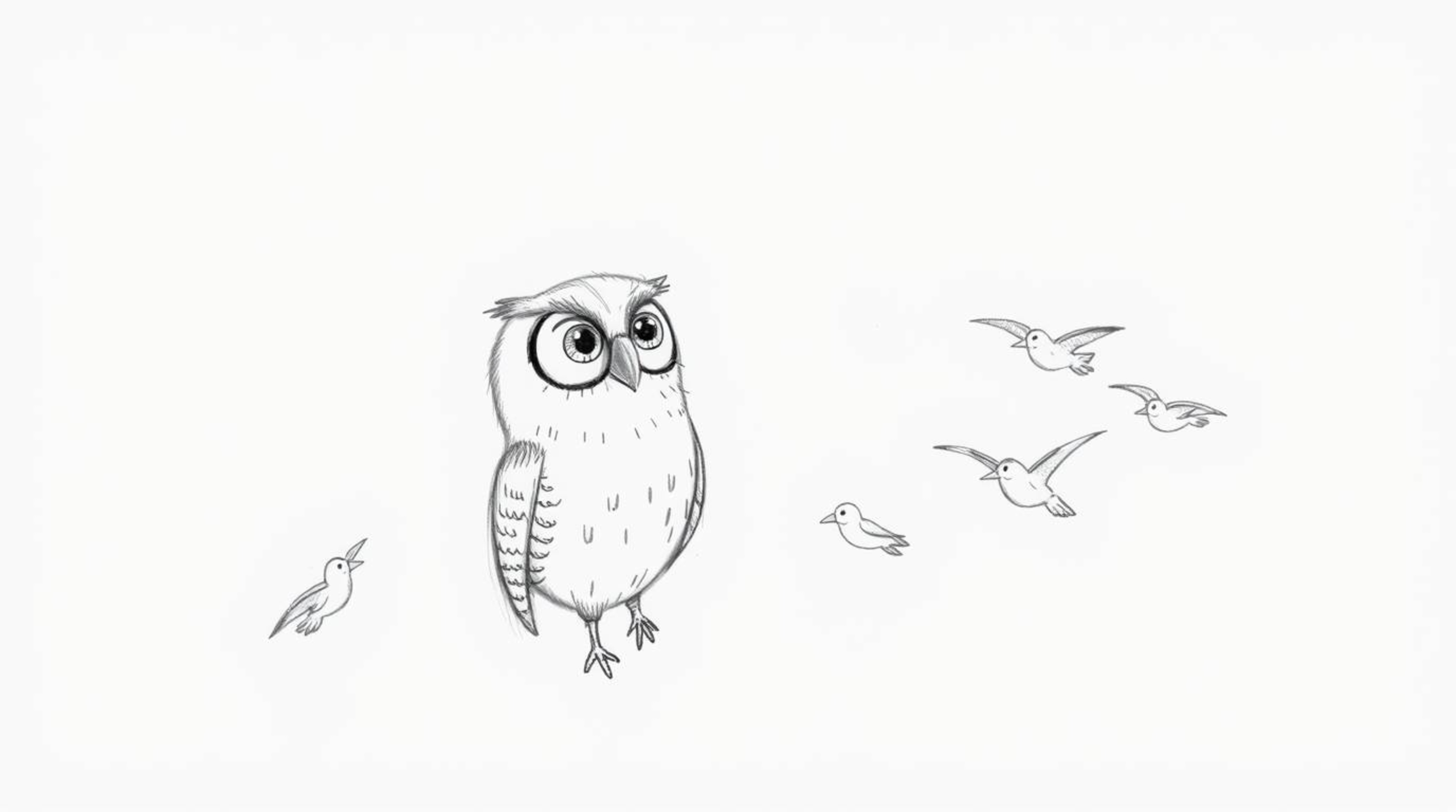 A heartwarming hand-drawn sketch in the style of Pixar depicts a blind owl, rendered with soft feathers and large, expressive