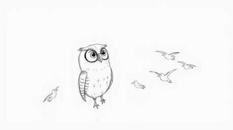 A heartwarming hand-drawn sketch in the style of Pixar depicts a blind owl, rendered with soft feathers and large, expressive