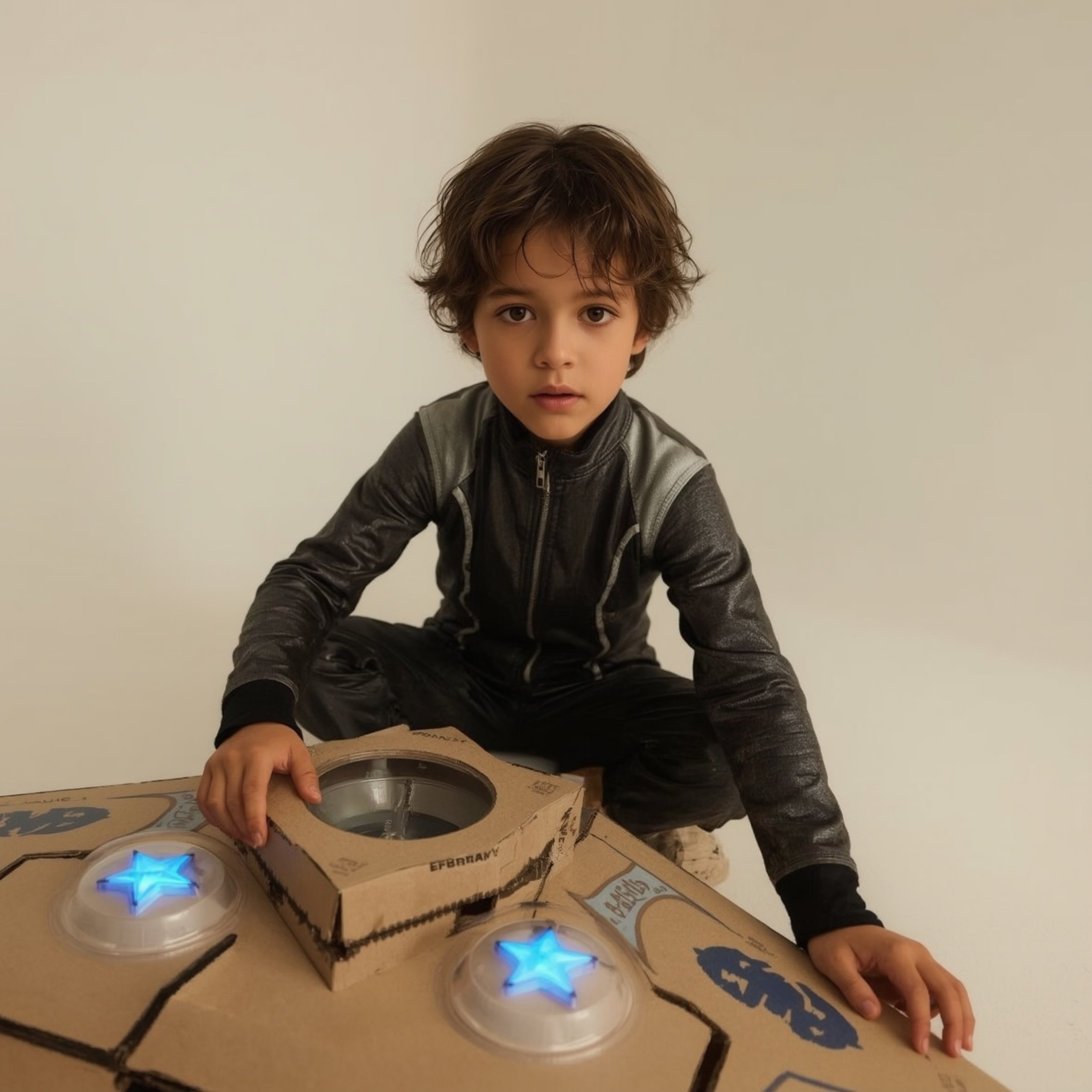 Exquisite high-fashion photography captures a boy with almond-shaped eyes building a gigantic, intricately detailed cardboard