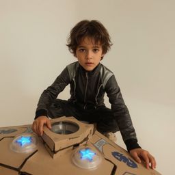Exquisite high-fashion photography captures a boy with almond-shaped eyes building a gigantic, intricately detailed cardboard