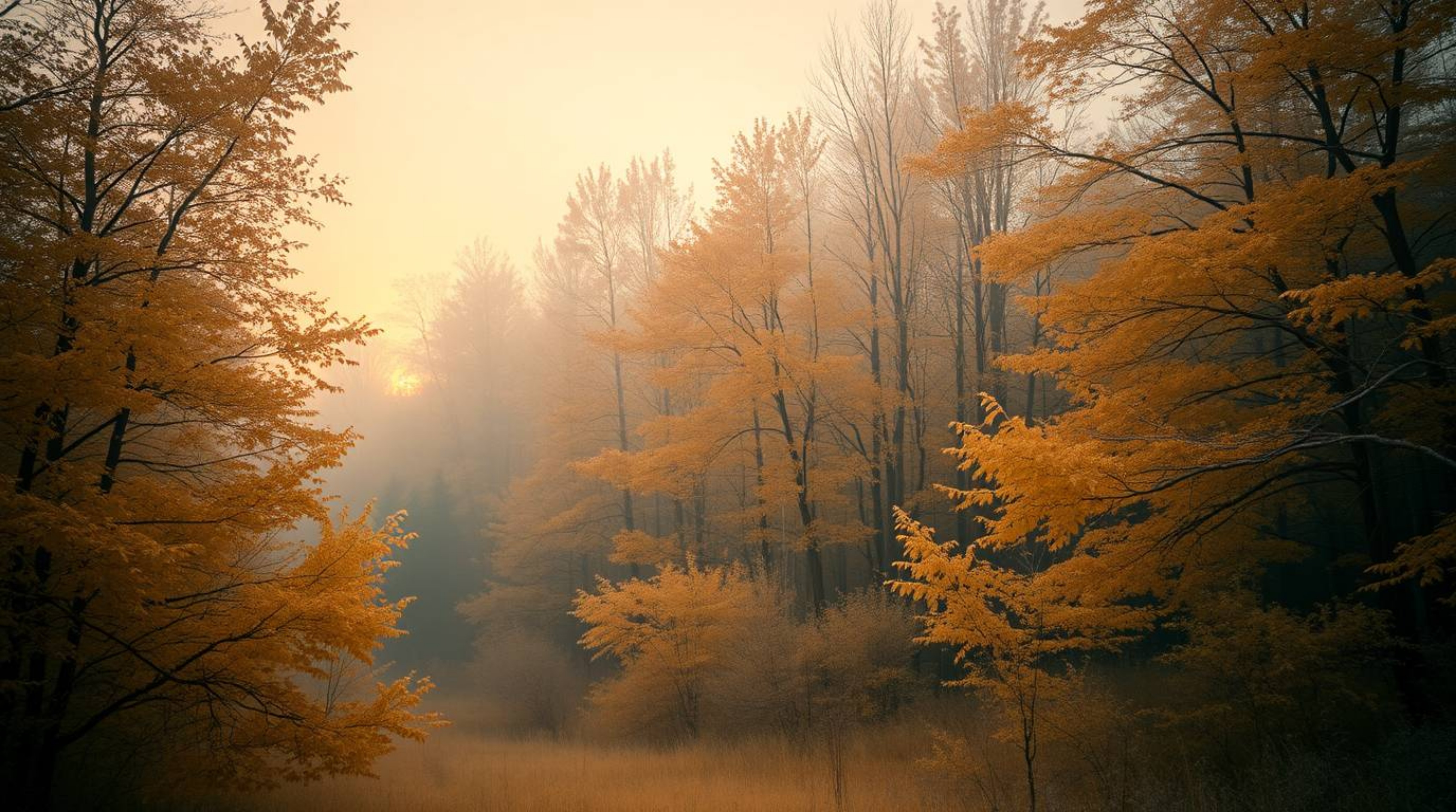 Experience the surreal beauty of an autumn forest captured in infrared, where golden leaves are bathed in the warm glow of a 
