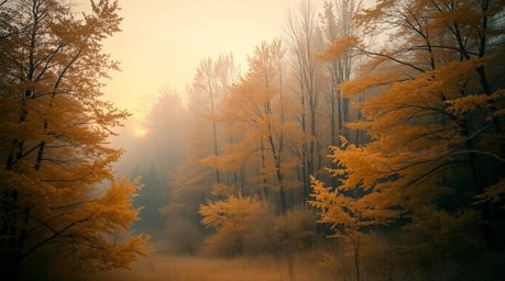 Experience the surreal beauty of an autumn forest captured in infrared, where golden leaves are bathed in the warm glow of a 