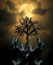A captivating cast bronze sculpture depicting hands planting a tree beneath a dramatic, dark golden sky.  The piece evokes an
