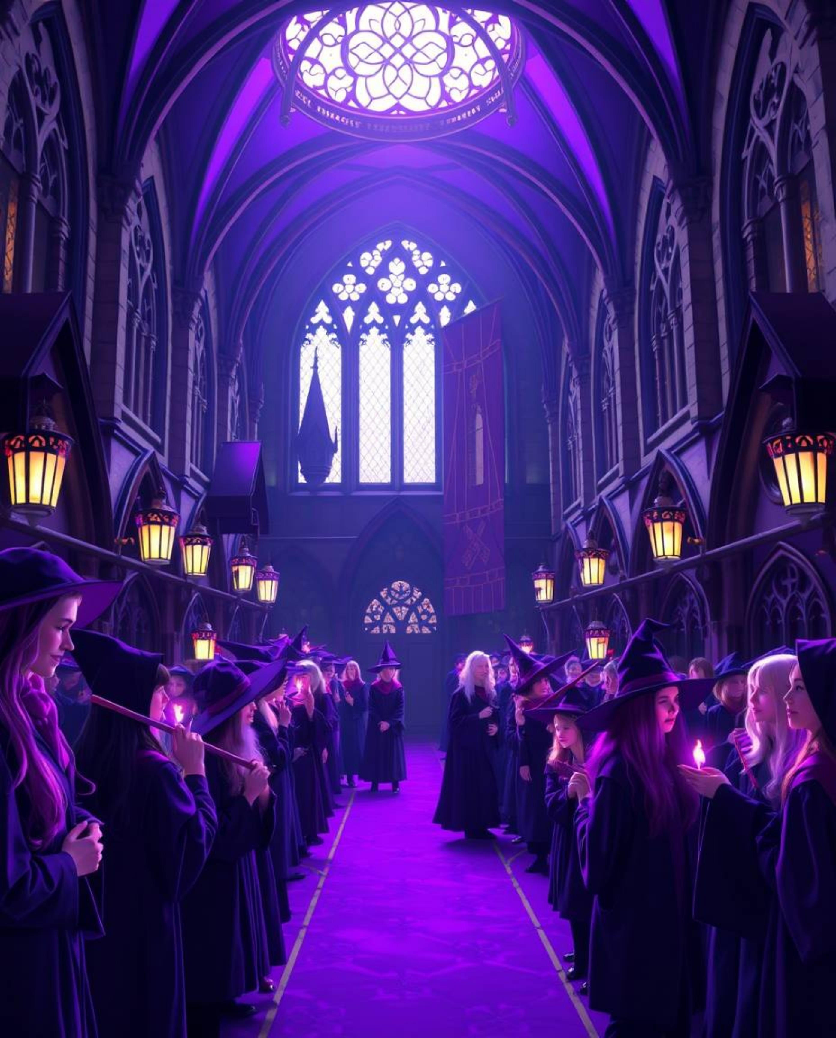 Immerse yourself in the enchanting atmosphere of a graceful and elegant magical school, bathed in deep ultraviolet hues that 