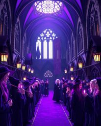 Immerse yourself in the enchanting atmosphere of a graceful and elegant magical school, bathed in deep ultraviolet hues that 