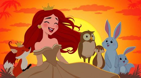 A captivating scene unfolds with a princess, her auburn hair cascading as she sings with pure joy alongside a fox, owl, and r