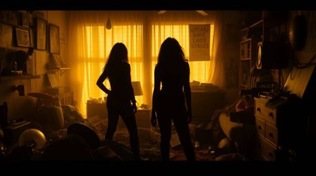 Explore a chaotic yet captivating bedroom scene bathed in a warm golden glow, featuring silhouetted figures amidst a collecti