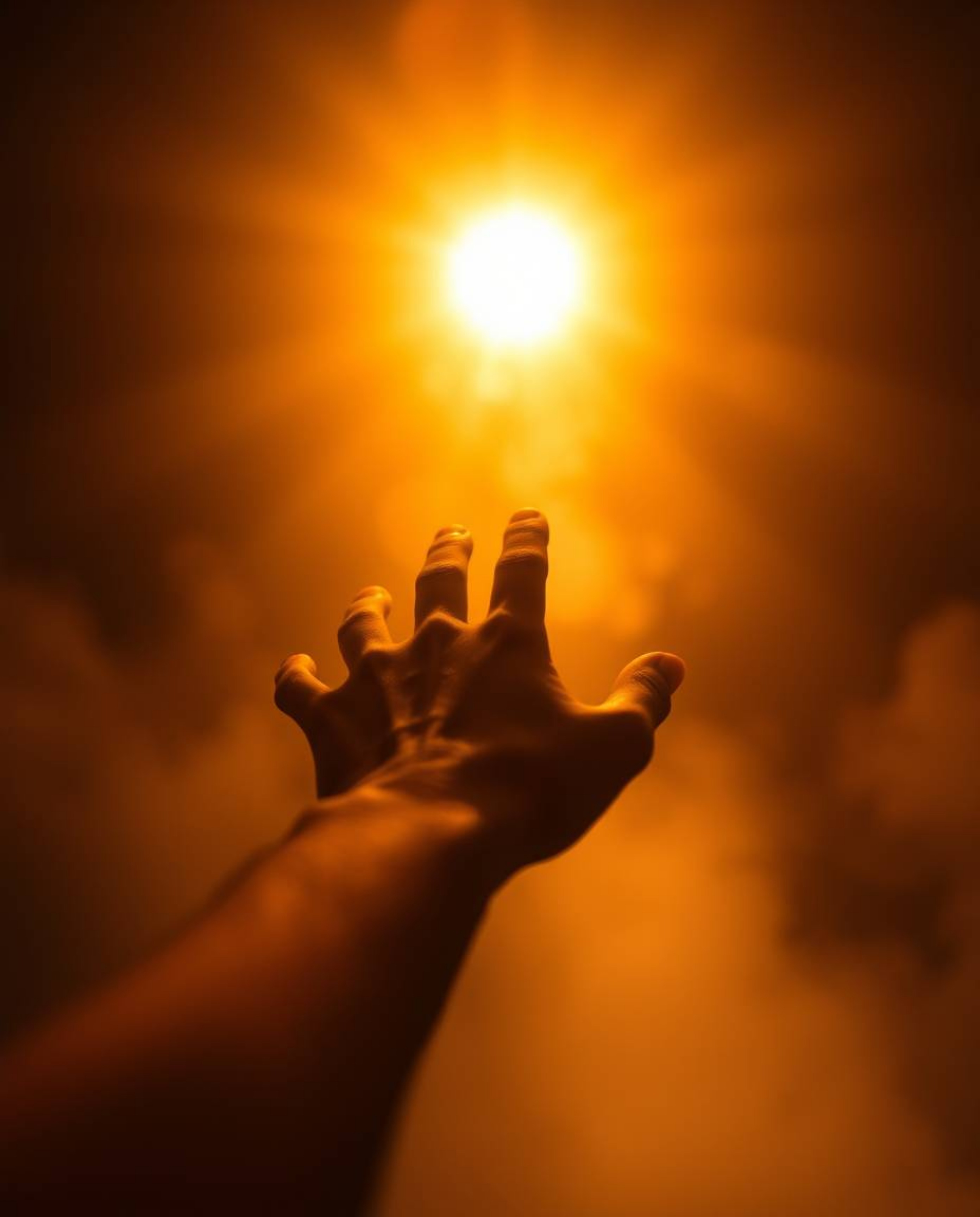A captivating image depicting a warm, golden hand reaching out from darkness towards a hazy, radiant light. The scene evokes 