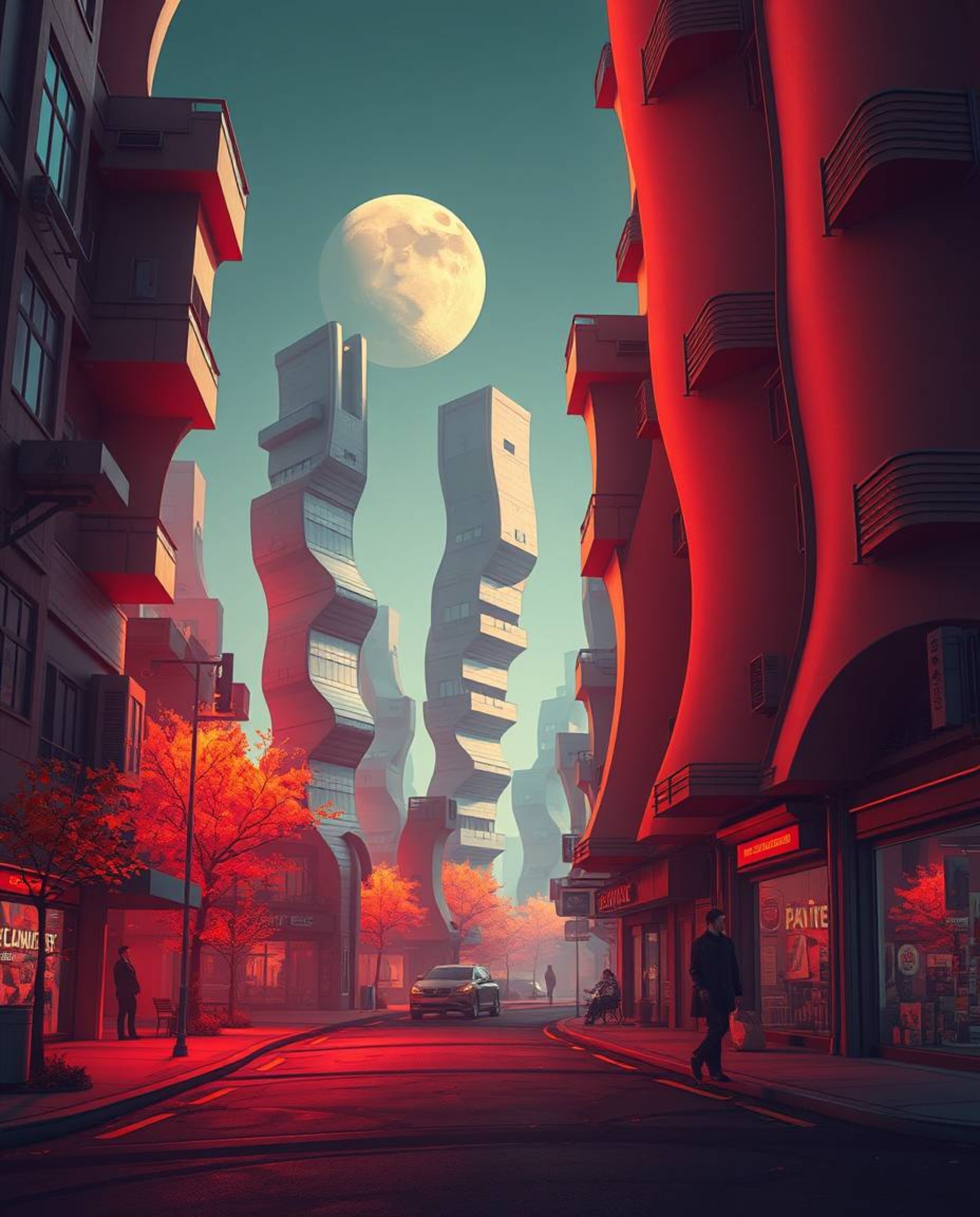 Experience a mesmerizing futuristic street scene, rendered in a surreal sci-fi style.  Warm autumnal colors bathe the scene a