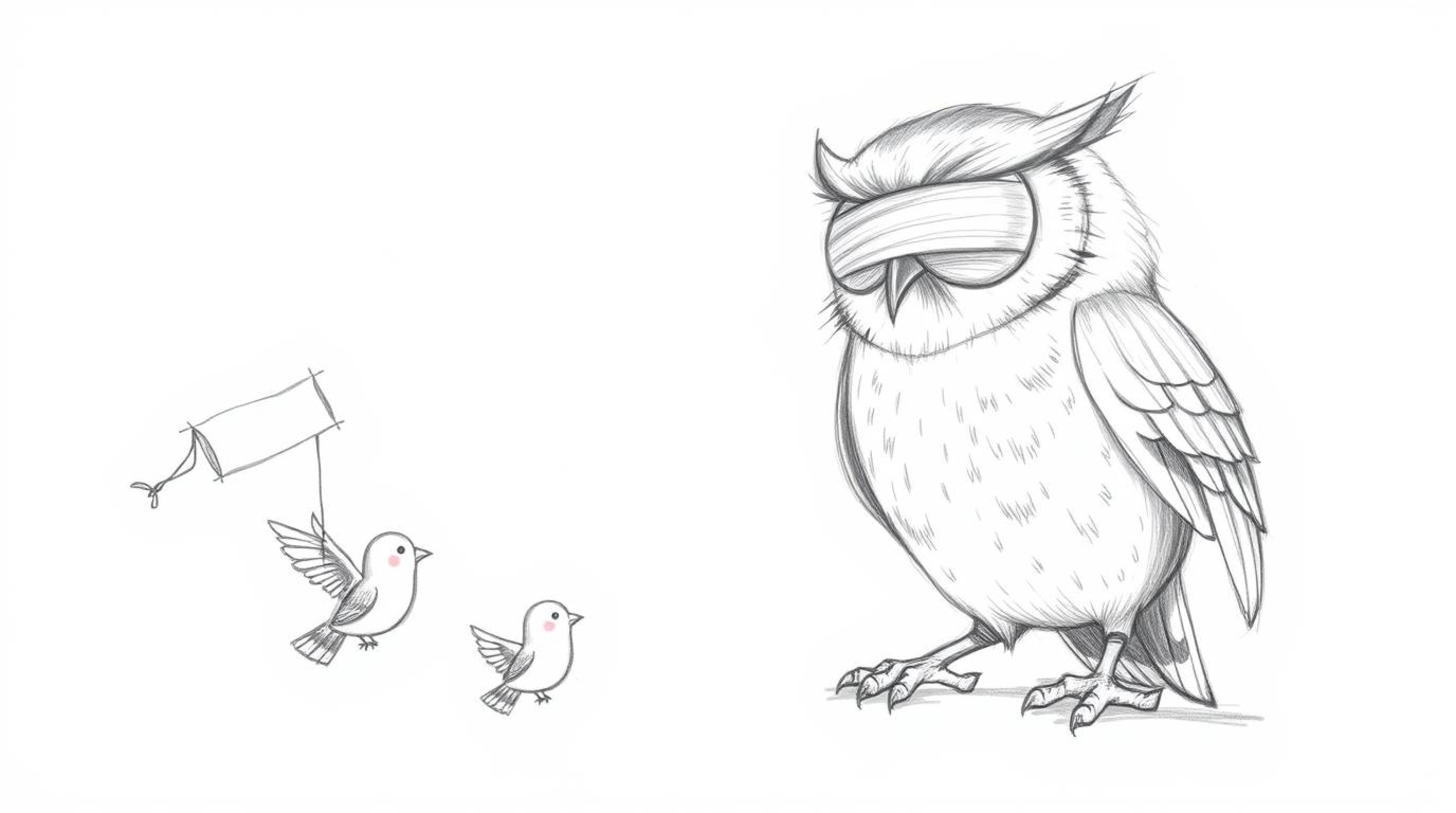 A heart-warming, Pixar-esque pencil sketch depicts a wise, blind owl guiding tiny birds to fly. Utilizing wind chimes and sim