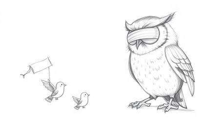 A heart-warming, Pixar-esque pencil sketch depicts a wise, blind owl guiding tiny birds to fly. Utilizing wind chimes and sim