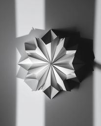 A captivating monochrome photograph showcases a mesmerizing 3D geometric pattern resembling intricately folded paper.  The im