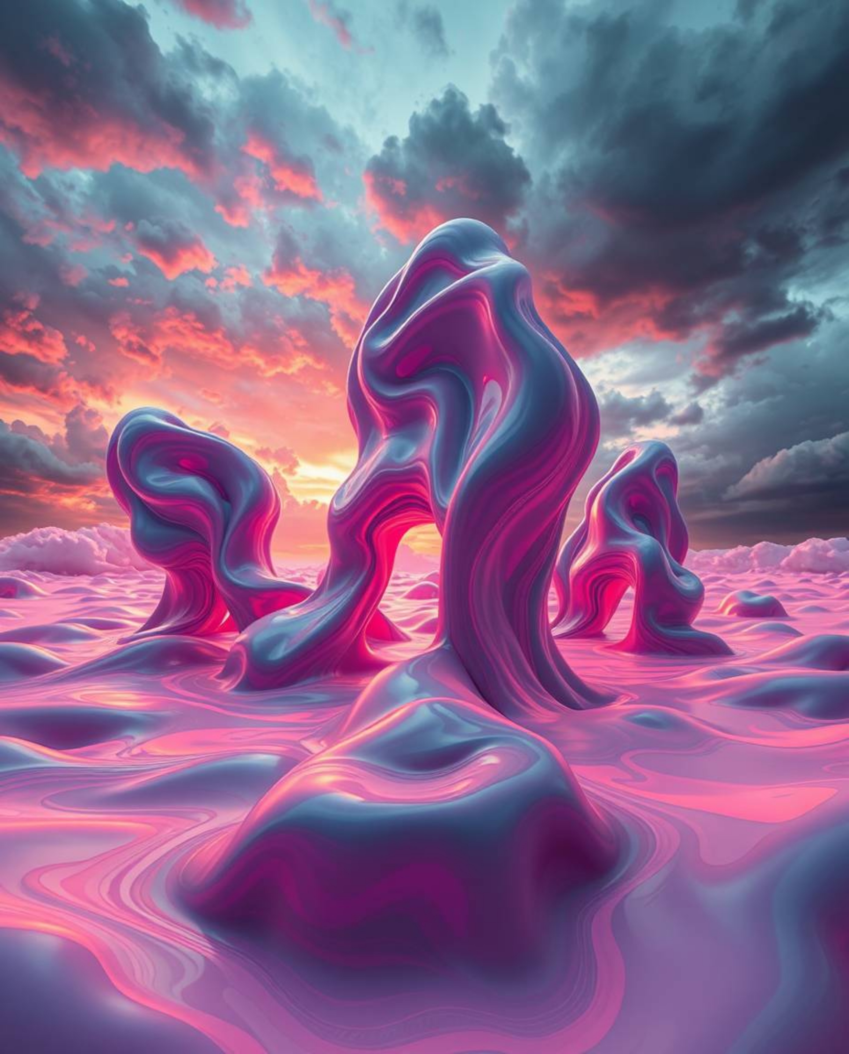 A mesmerizing 3D illustration showcasing eerie fluid shapes morphing seamlessly in an endless loop against a backdrop of stor