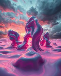 A mesmerizing 3D illustration showcasing eerie fluid shapes morphing seamlessly in an endless loop against a backdrop of stor