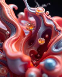 Explore mesmerizing 3D illustrations featuring fluid shapes with fantastical elements and intricate details. Witness fluid fo