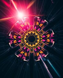 This architectural photography showcases a captivating geometric floral mandala.  The image features a vibrant, symmetric des