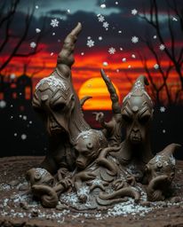 A unique piece of sculptural clay art that creates an eerie and creepy atmosphere. The artwork depicts snowflakes falling dur