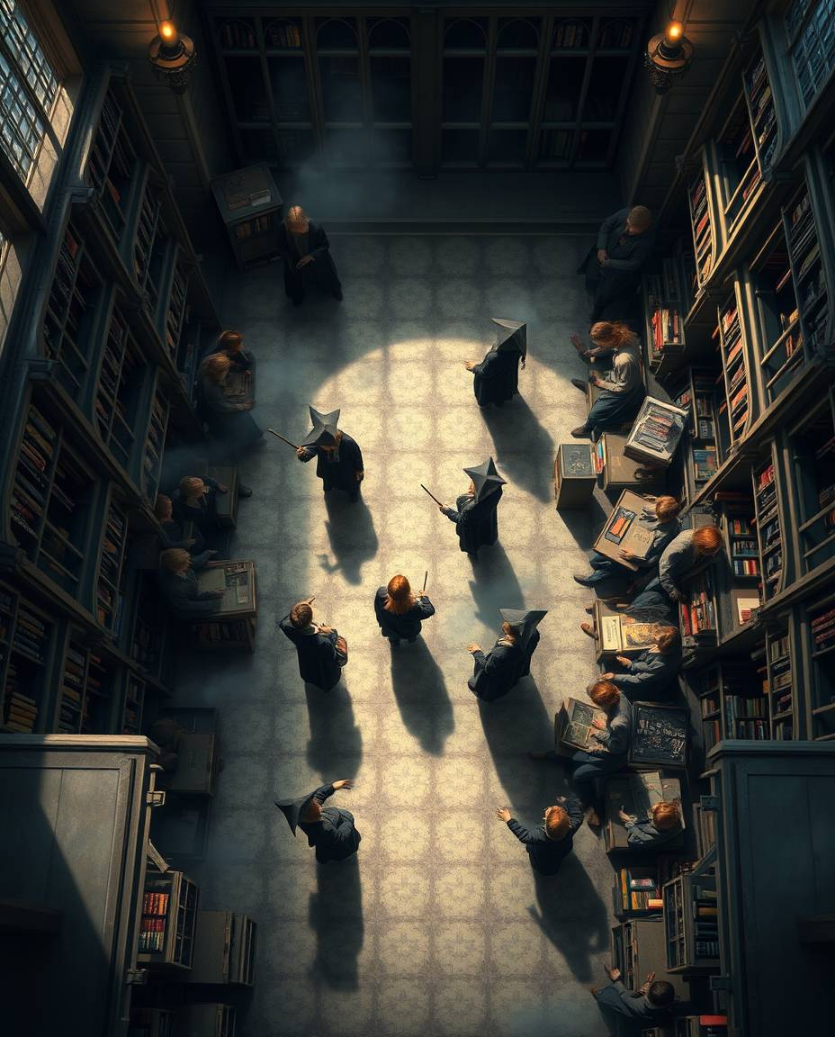 Experience a captivating bird's-eye view of a magical school teeming with young wizards. Bathed in soft, diffused light and s