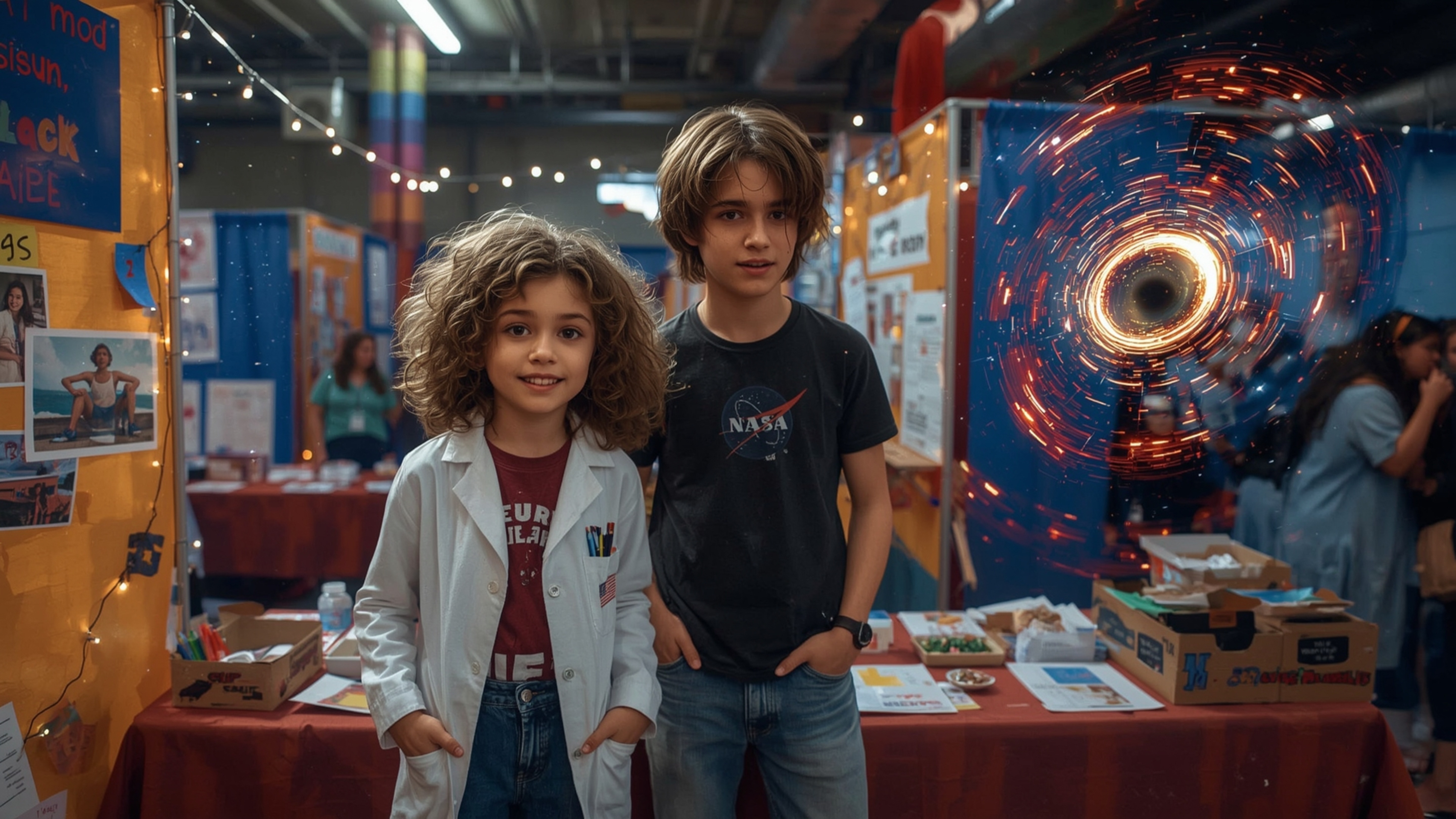 In a vibrant, cinematic photograph rendered in a hyper-realistic, Pixar-inspired style, a dynamic science fair duo unwittingl