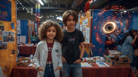 In a vibrant, cinematic photograph rendered in a hyper-realistic, Pixar-inspired style, a dynamic science fair duo unwittingl