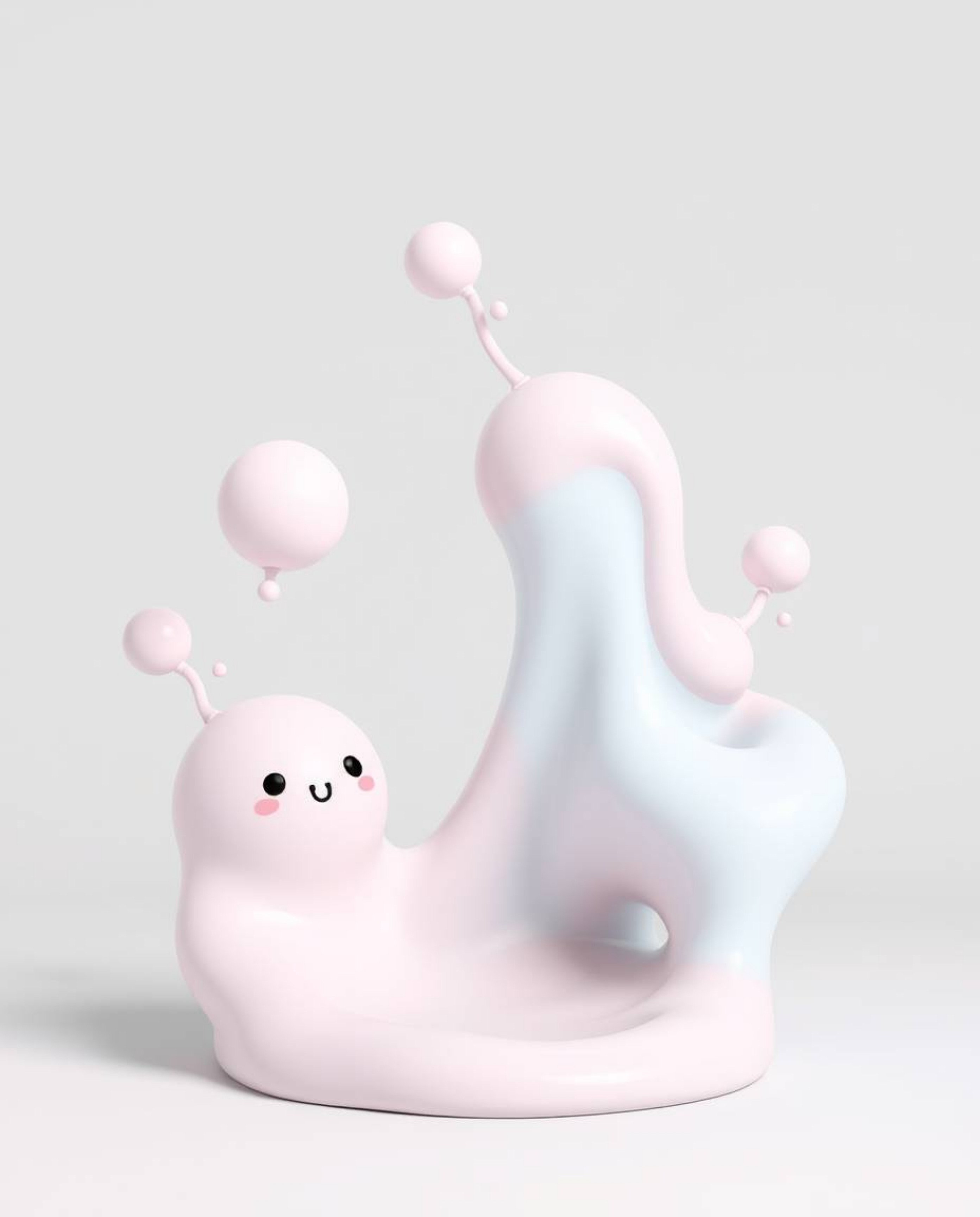 A charming 3D rendering showcases adorable and cute abstract liquid forms in pastel colors, bathed in soft lighting, and set 
