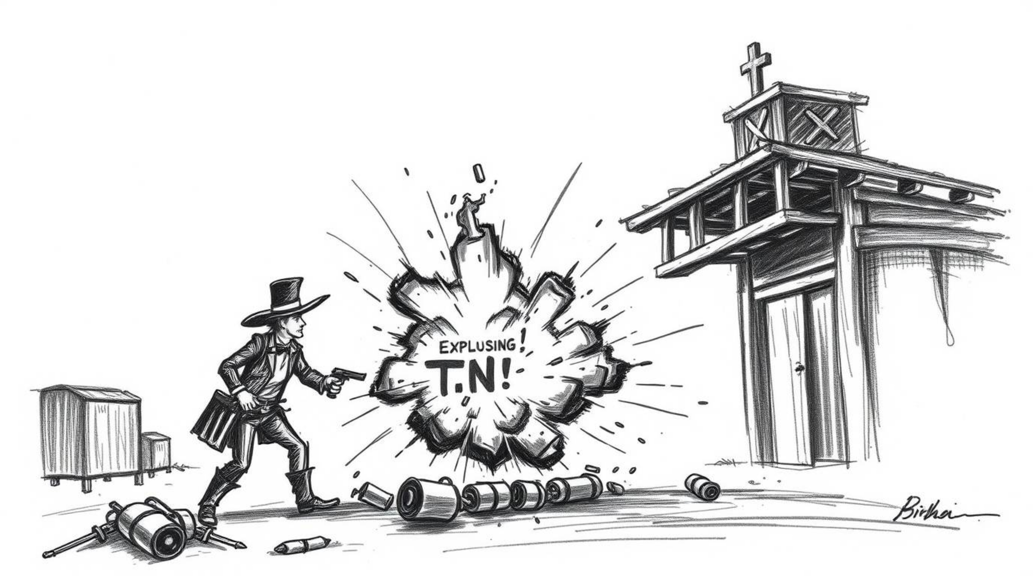 A dramatic hand-drawn sketch depicts a classic exploding TNT gag in the Wild West.  The high-contrast illustration features d