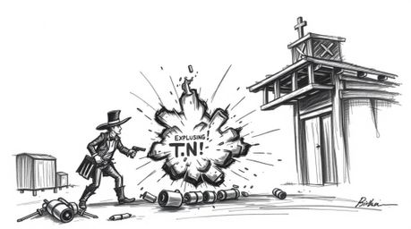 A dramatic hand-drawn sketch depicts a classic exploding TNT gag in the Wild West.  The high-contrast illustration features d