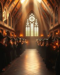 Immerse yourself in a world of warm golden glows and ethereal spiritual vibes, where a magical school teems with young wizard
