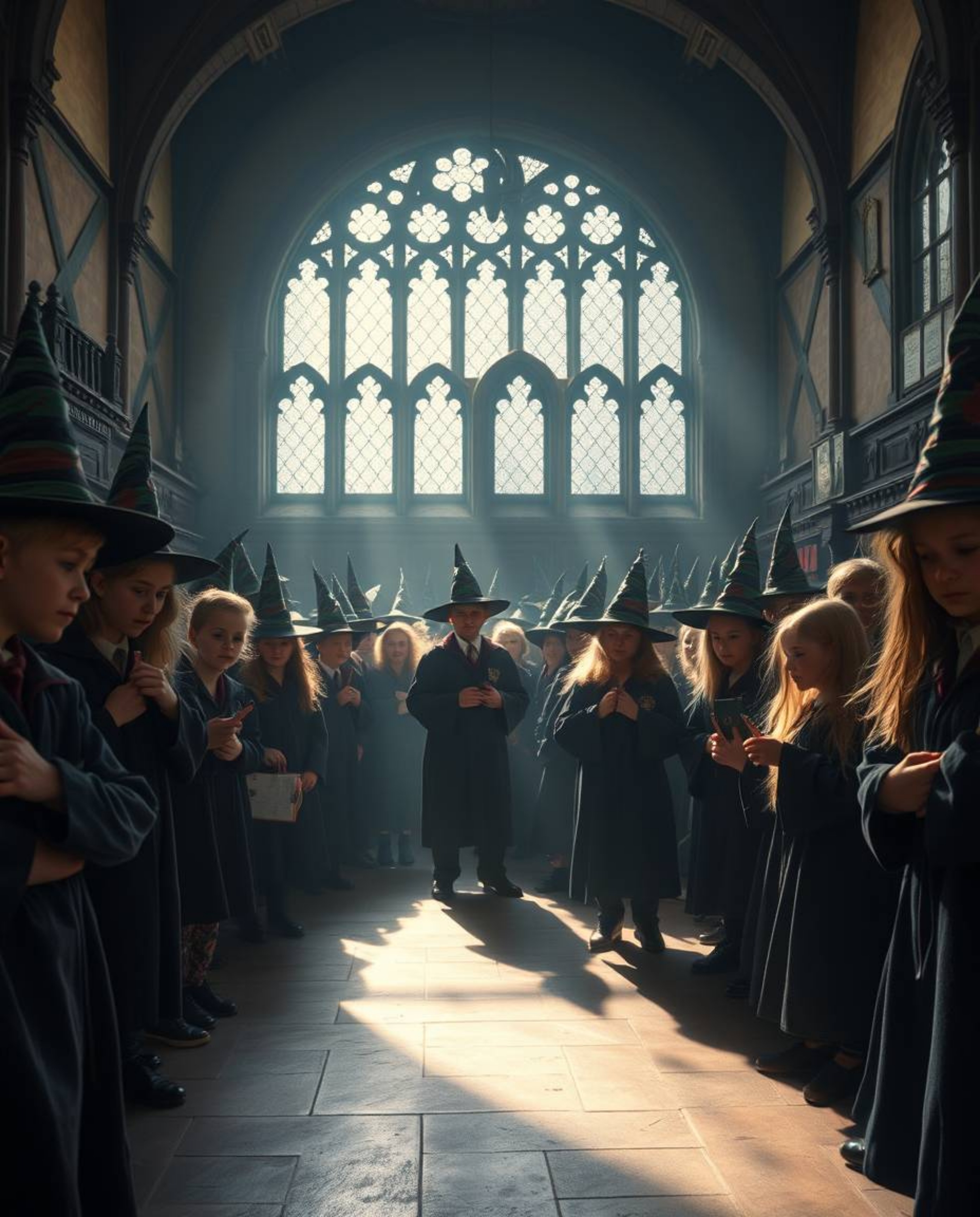 A professional fine art photograph capturing the enchanting atmosphere of a magical school filled with young wizards. The ima