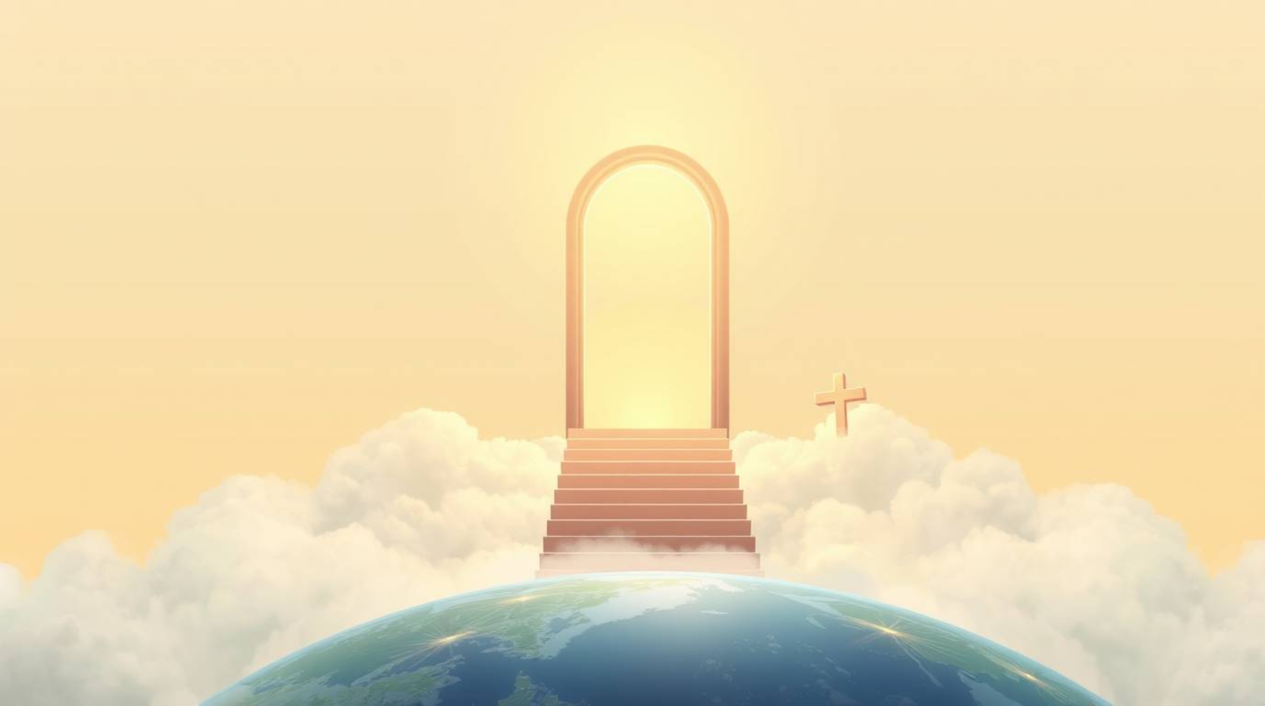 Immerse yourself in a soft, dreamy atmosphere with this modern flat design image depicting a heavenly gate floating above clo