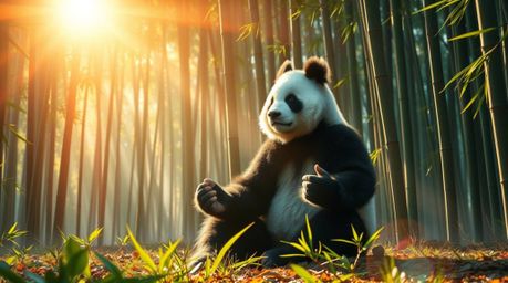 Immerse yourself in a grand, epic scene featuring a vibrant, heroic martial artist panda deeply meditating within a bright, m