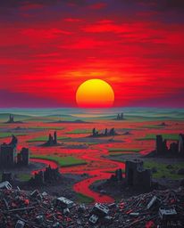 Witness a breathtaking sunrise over a ravaged, war-torn landscape. Deep reds, oranges, and yellows blaze against the muted gr