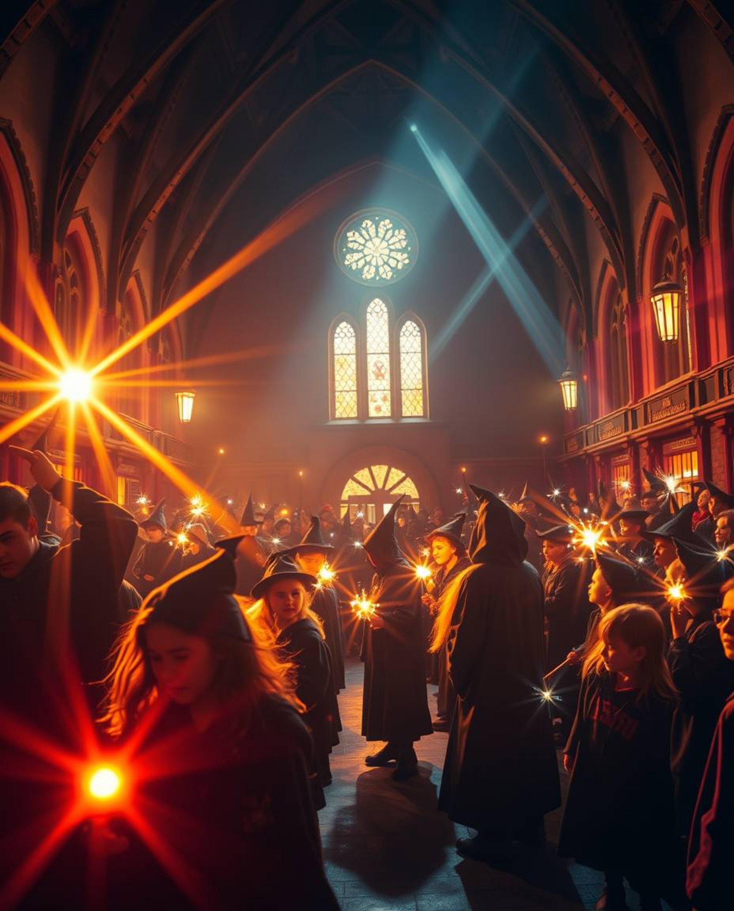 Capture the enchanting atmosphere of a magically illuminated school teeming with young wizards in this professional photograp