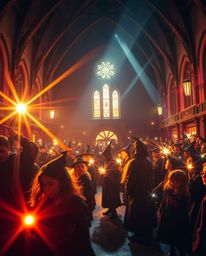 Capture the enchanting atmosphere of a magically illuminated school teeming with young wizards in this professional photograp