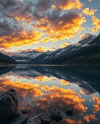 A photograph taken with strong, hard light offers an adorable and cute depiction of fiery cloud reflections in a mountain lak