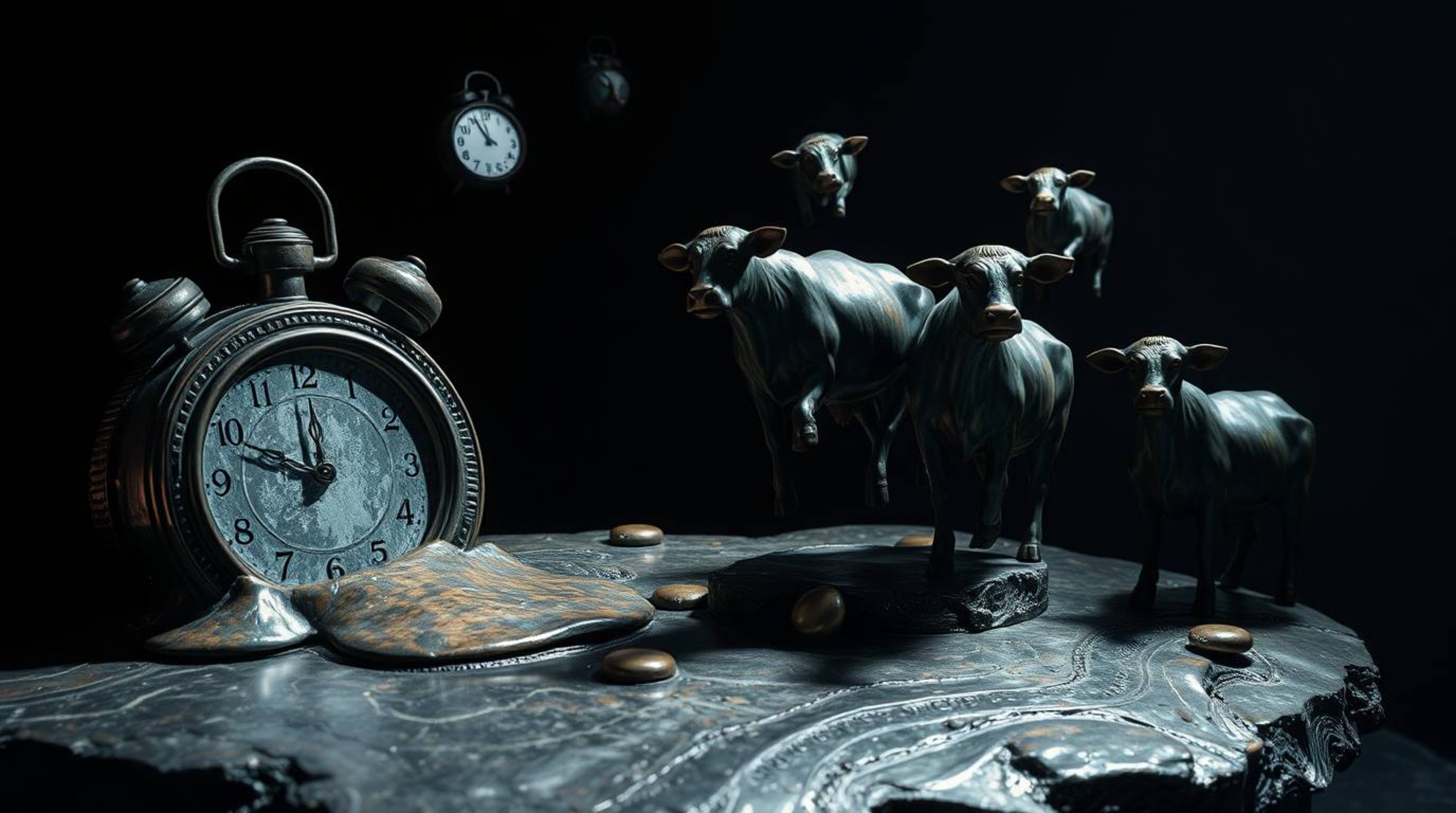 Discover a captivating surreal dreamscape bronze sculpture featuring melting clocks and floating cows.  The high-contrast, lo