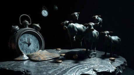 Discover a captivating surreal dreamscape bronze sculpture featuring melting clocks and floating cows.  The high-contrast, lo