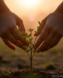 A captivating cinematic close-up showcases hands gently planting a tree against a breathtaking golden sky.  The hazy backgrou