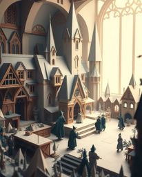 Discover a magical school brimming with young wizards, meticulously crafted in an intricate origami style.  Experience the et