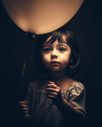 A captivating portrait showcases a child with delicate features gracefully holding a balloon, dramatically illuminated by chi