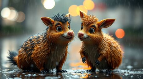 A captivating image showcases two mischievous talking animals amidst a wet, rainy scene.  The photograph boasts a stunning bo
