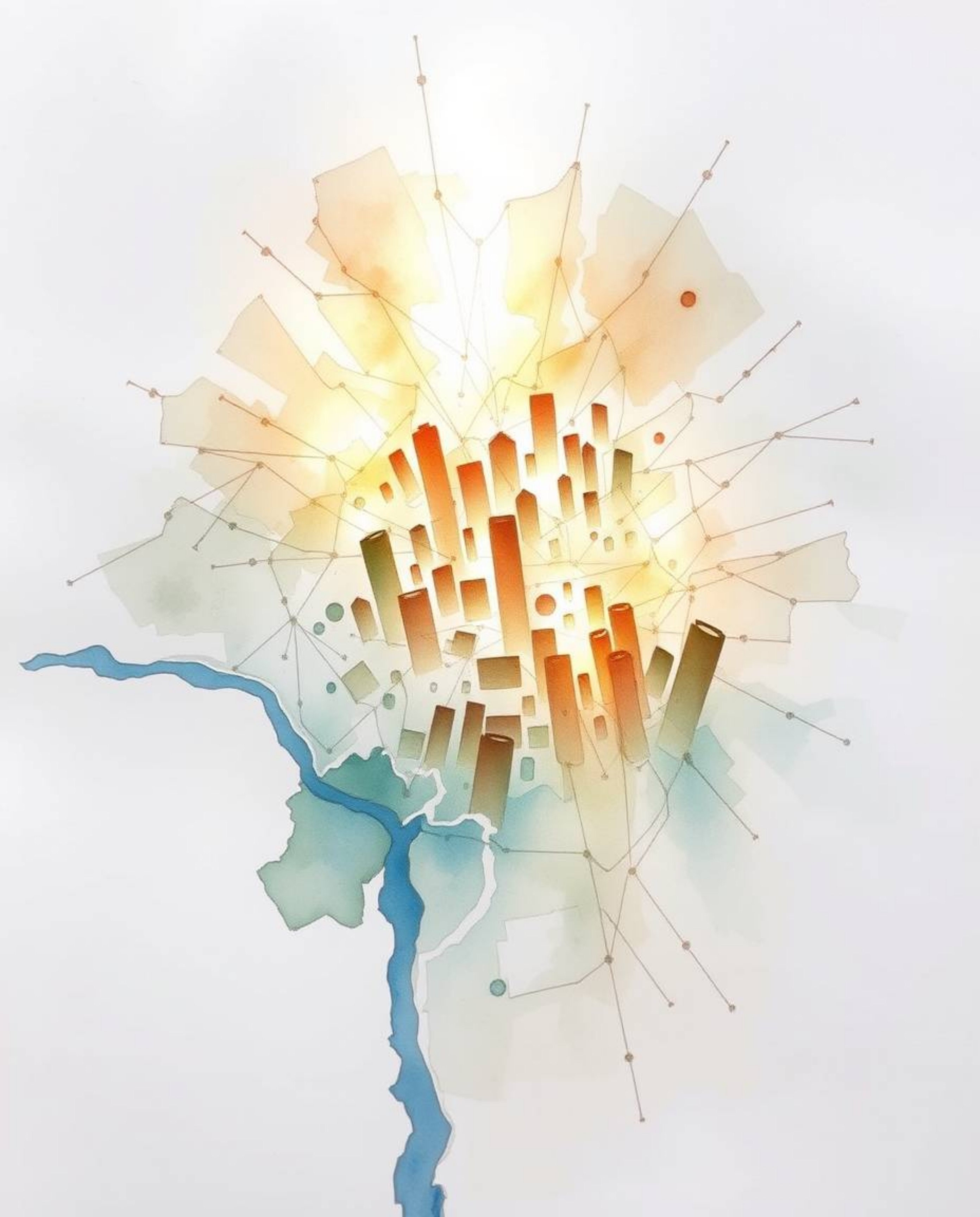 This delicate watercolor painting presents an abstract city map constructed from geometric shapes, offering a captivating aer