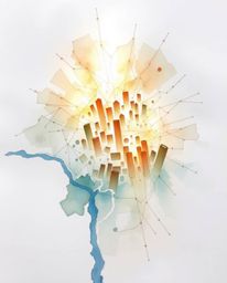This delicate watercolor painting presents an abstract city map constructed from geometric shapes, offering a captivating aer