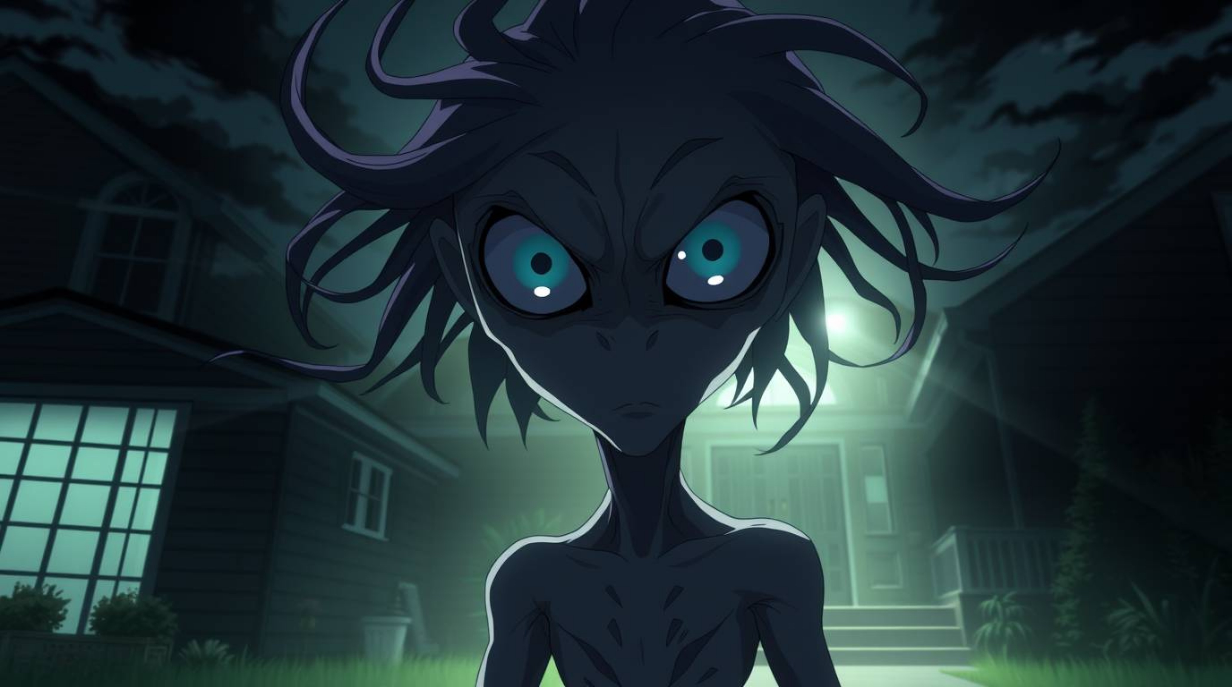 Explore a captivating isekai anime style artwork depicting an alien character residing in a typical suburban house. The scene