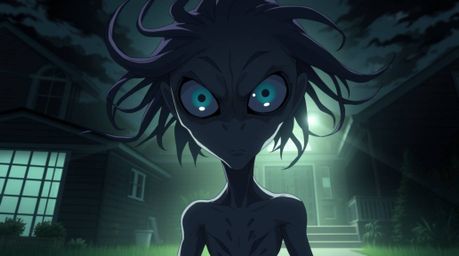 Explore a captivating isekai anime style artwork depicting an alien character residing in a typical suburban house. The scene