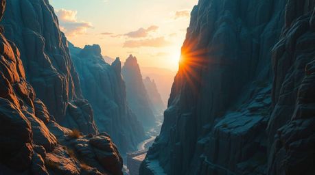 An epic digital art scene depicts a massive rocky canyon bathed in warm sunset hues.  Cool blues, greens, and purples contras