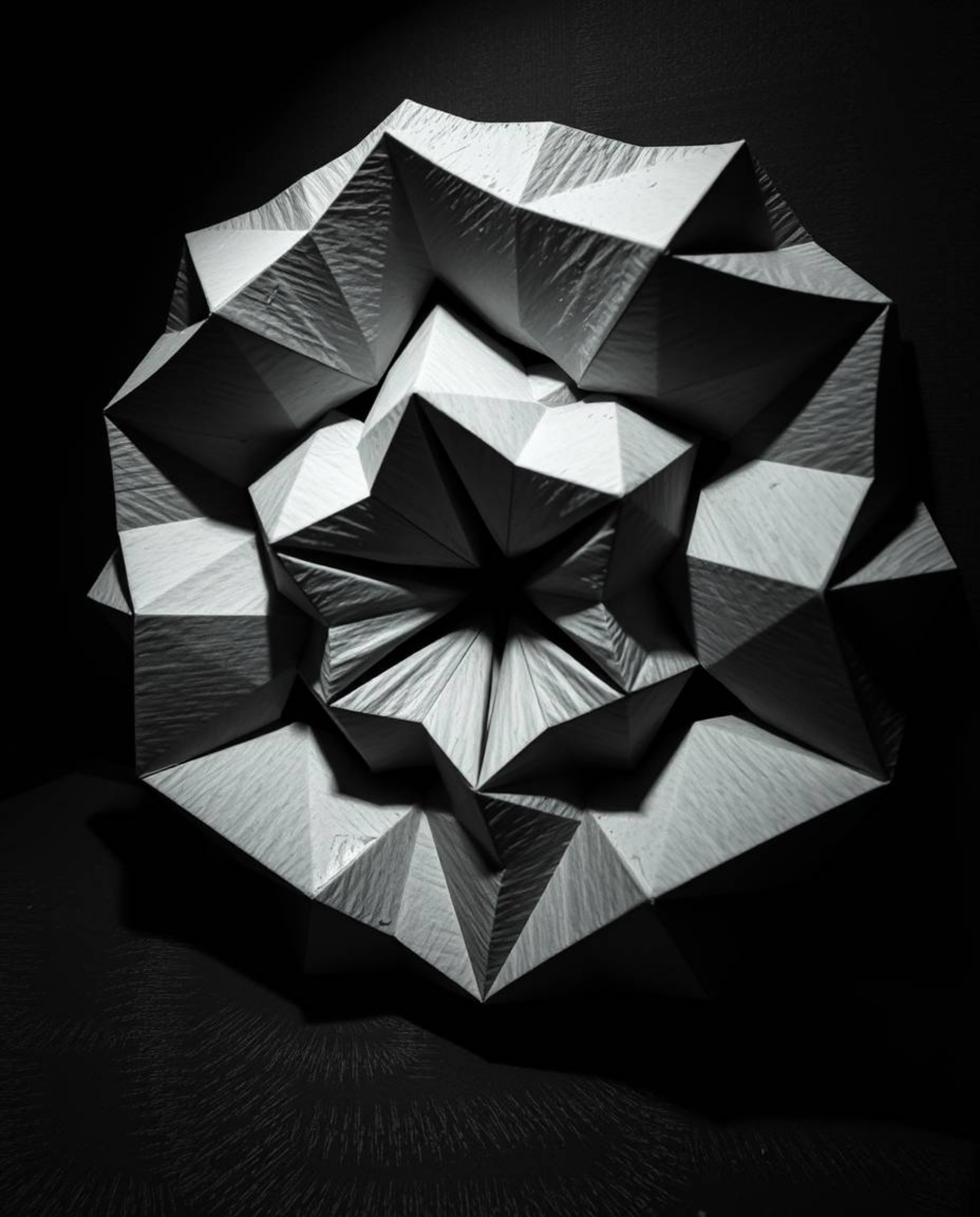 This monochrome image evokes an eerie and creepy atmosphere, featuring a 3D geometric pattern resembling folded paper. The un