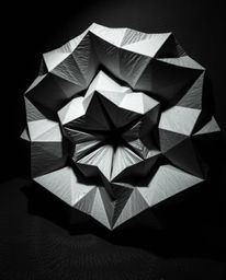 This monochrome image evokes an eerie and creepy atmosphere, featuring a 3D geometric pattern resembling folded paper. The un