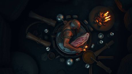 This image captures a dramatic overhead view of a caveman cooking mammoth meat. The strong, moody style, characterized by low